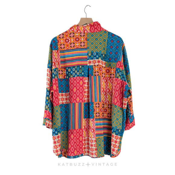 John Mark Button Top 2X 2XL Multicolor Patchwork Floral Pink Blue Colorful Artsy - Picture 3 of 15